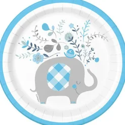 Blue Floral Elephant Round Plates 7in | 8ct