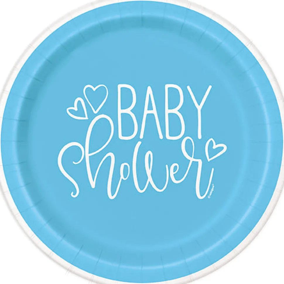 Blue Hearts Baby Shower Round Plate 7in | 8ct