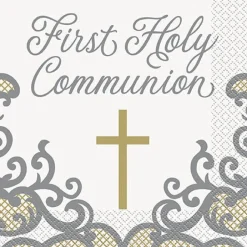 First Holy Communion Gold Fancy Cross Lunch Napkins | 16ct
