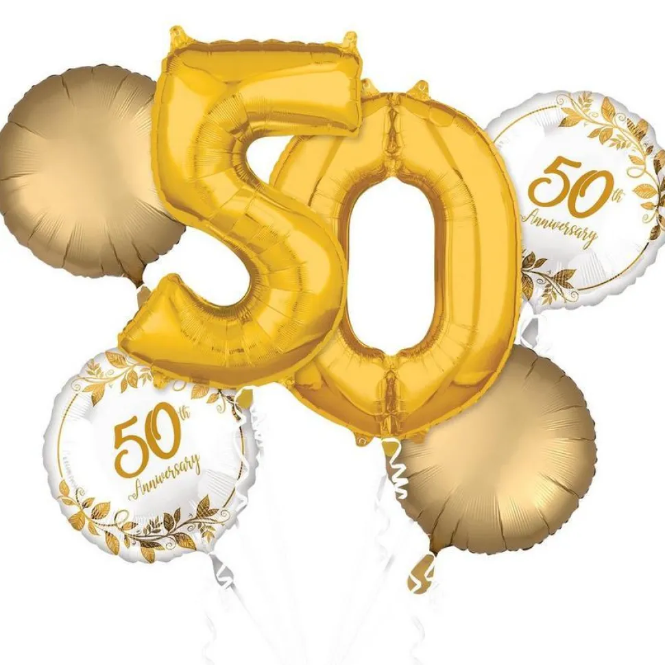 Gold 50th Anniversary Foil Balloon Bouquet | 5 pcs
