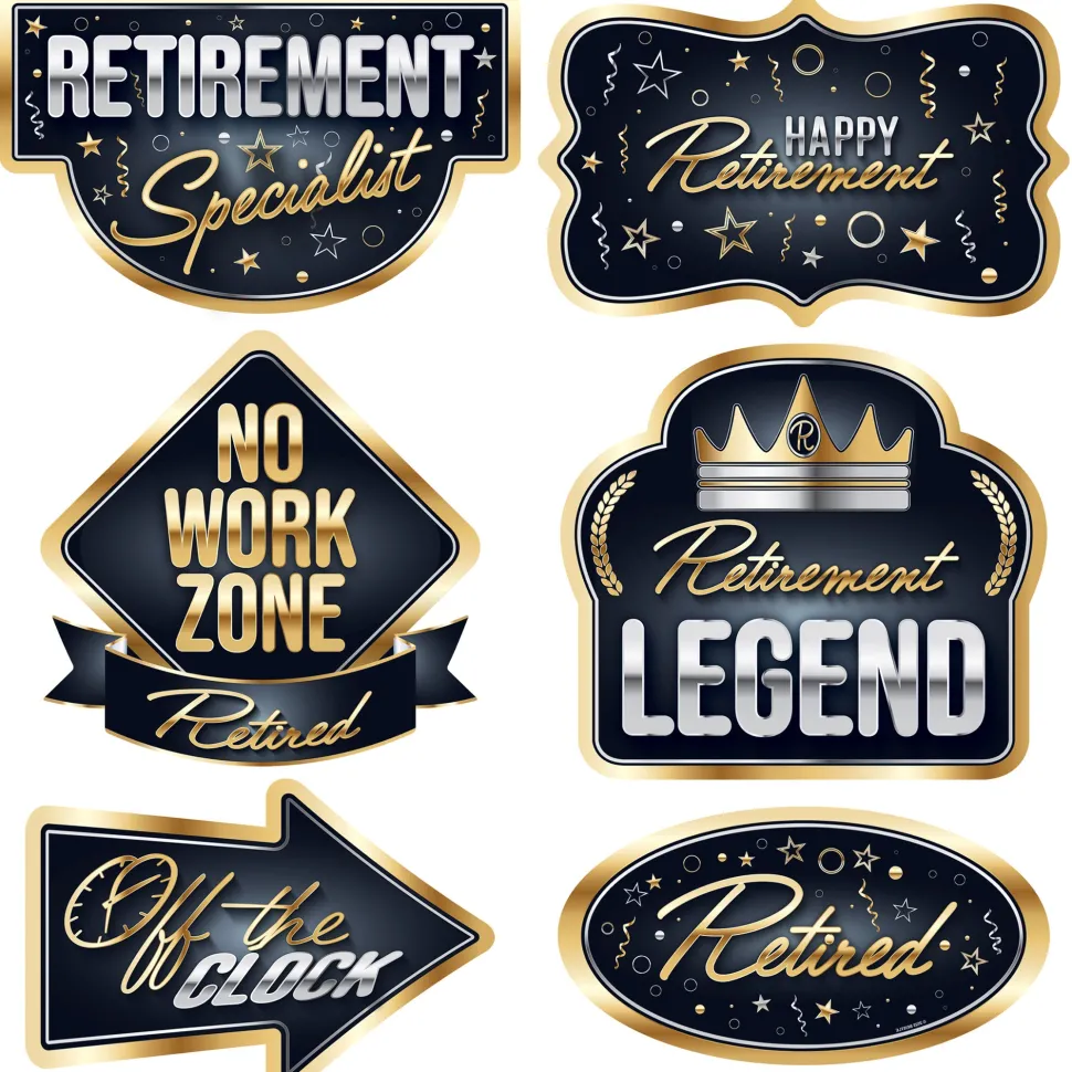 Happy Retirement Cutouts - Black & Gold | 6ct