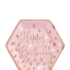 Metallic Blush Hexagon Happy Birthday Dessert Plates 7in | 8ct