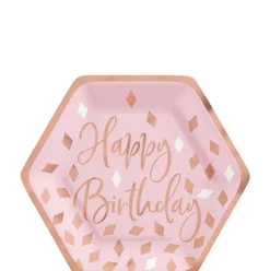 Metallic Blush Hexagon Happy Birthday Dessert Plates 7in | 8ct