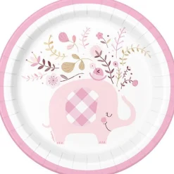 Pink Floral Elephant Round Plate 7in | 8ct