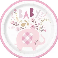 Pink Floral Elephant Round Plate 9in | 8ct
