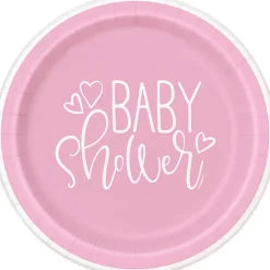 Pink Hearts Baby Shower Round Plate 9in | 8ct