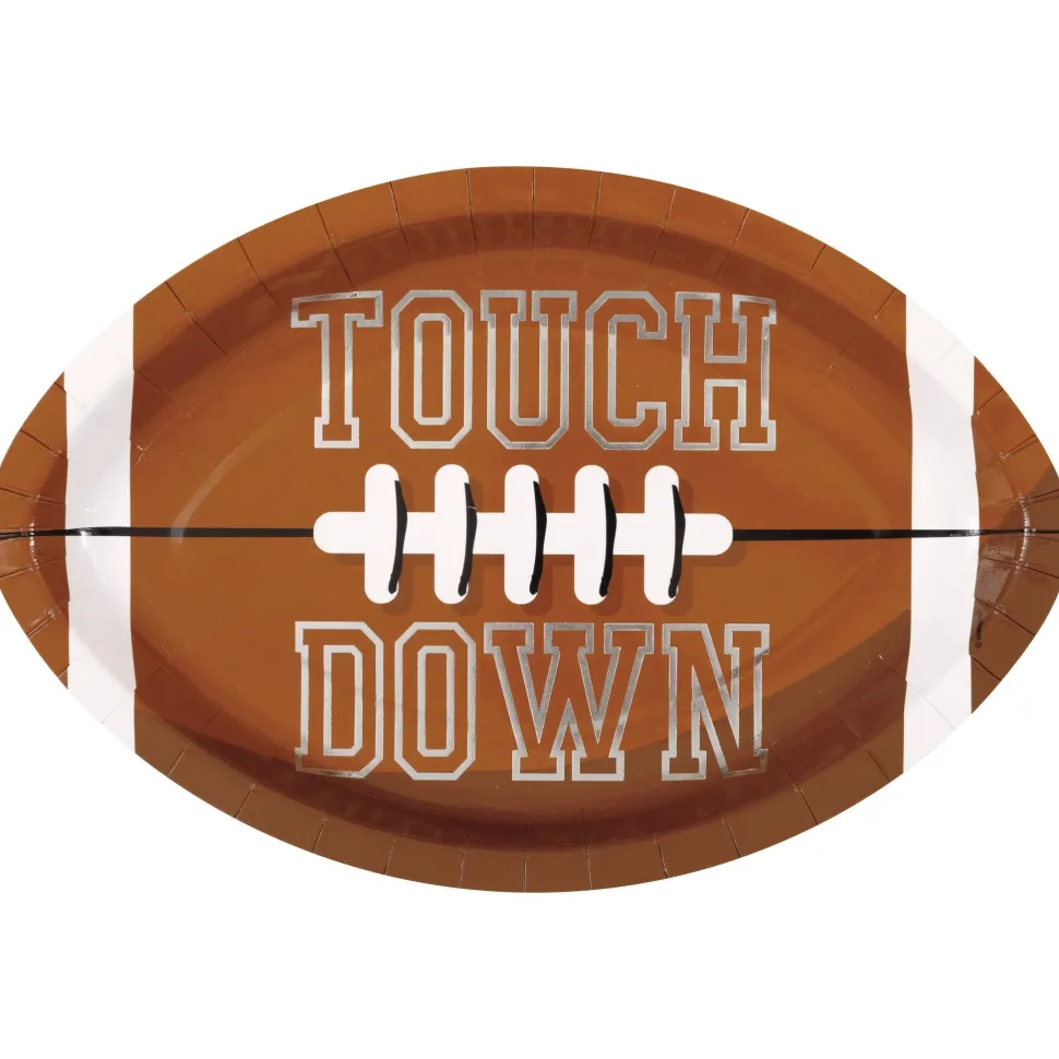 Silver Touch Down Game Face Football Shaped Plate 12in | 8ct