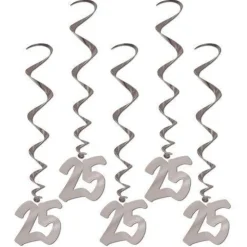 25th Anniversary Silver Foil Hanging Whirl Decorations, 3 ft | 5 ct