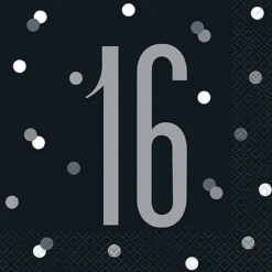 16th Birthday Black Lunch Napkins | 16ct